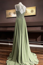 Dusty Sage Beaded Cross Back V Neck Seqins-Embroidery Long Prom Dress